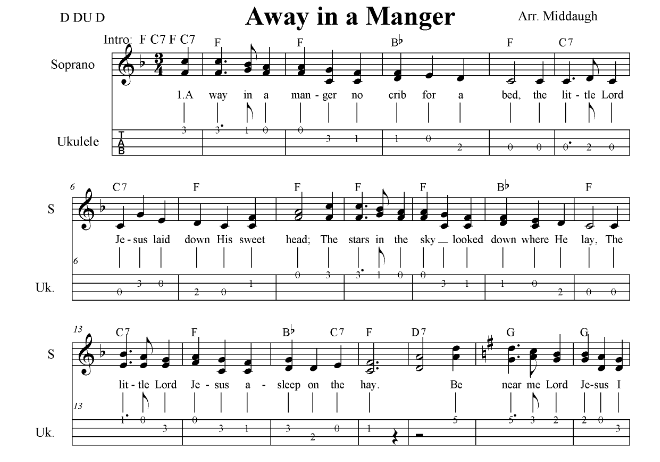 Away in a Manger 2 part vocal (SA) with lyrics, ukulele tabs and chords