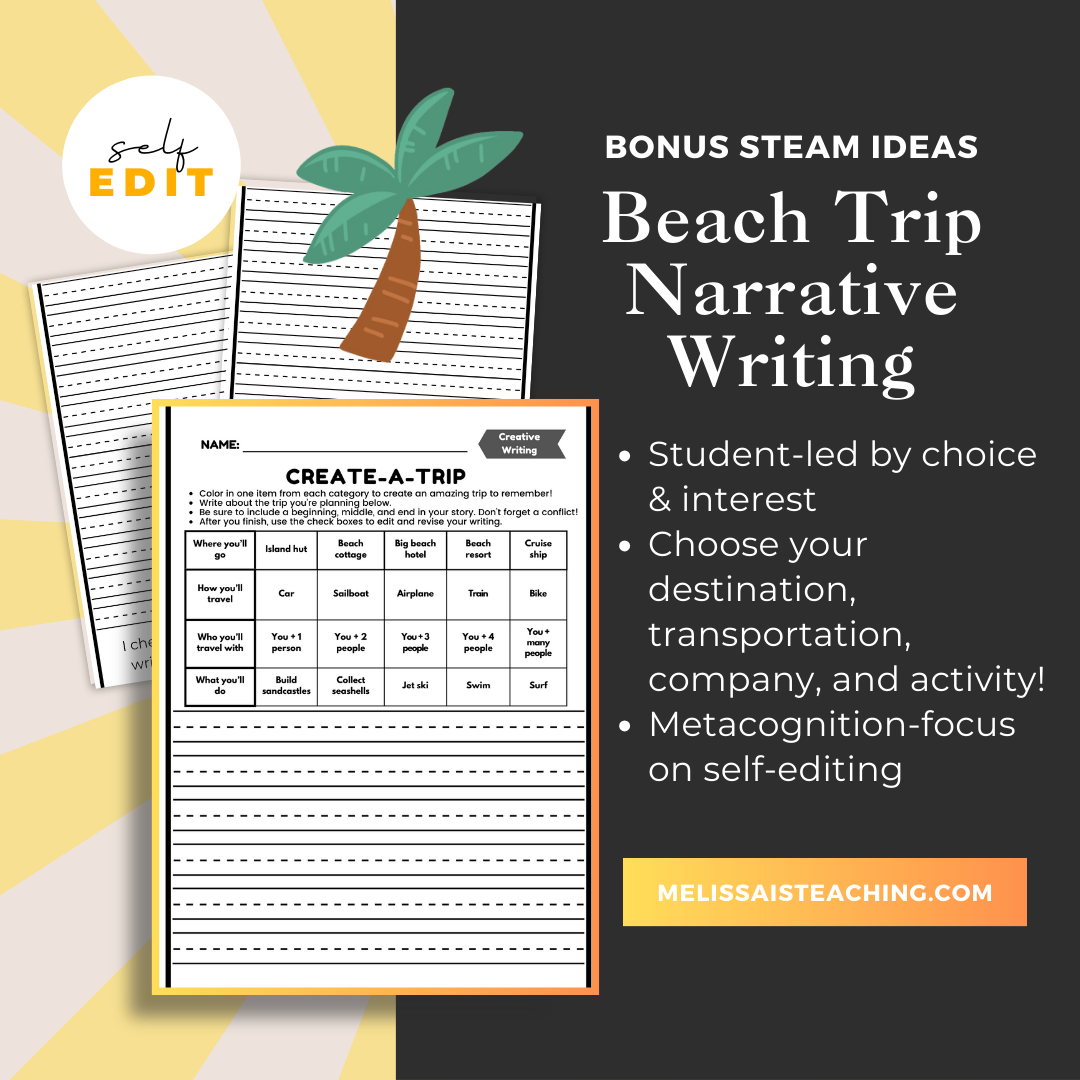 Beach Trip Narrative Writing with Editing Checklist + BONUS STEAM Activity Ideas
