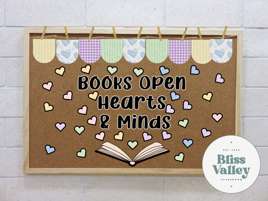 Books Open Hearts and Minds Classroom Bulletin Board Kit or Door Decoration| Spring | Read Across America | Library | Hearts | March Decor