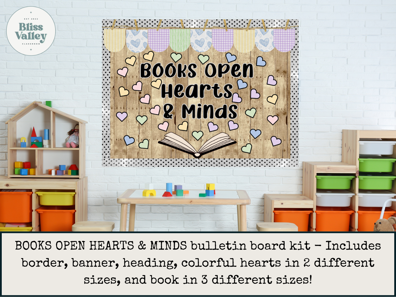 Books Open Hearts and Minds Classroom Bulletin Board Kit or Door Decoration| Spring | Read Across America | Library | Hearts | March Decor