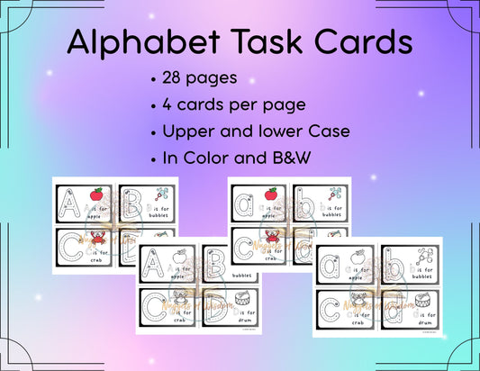 Alphabet Task Cards – Uppercase & Lowercase | Color + Black & White | Phonics Practice