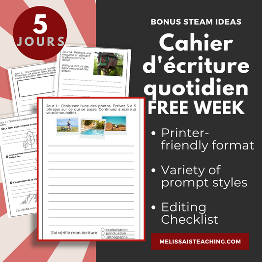 FREE French Writing Warm-Up Journal Cahier d'écriture 5 DAYS of FUN Prompts