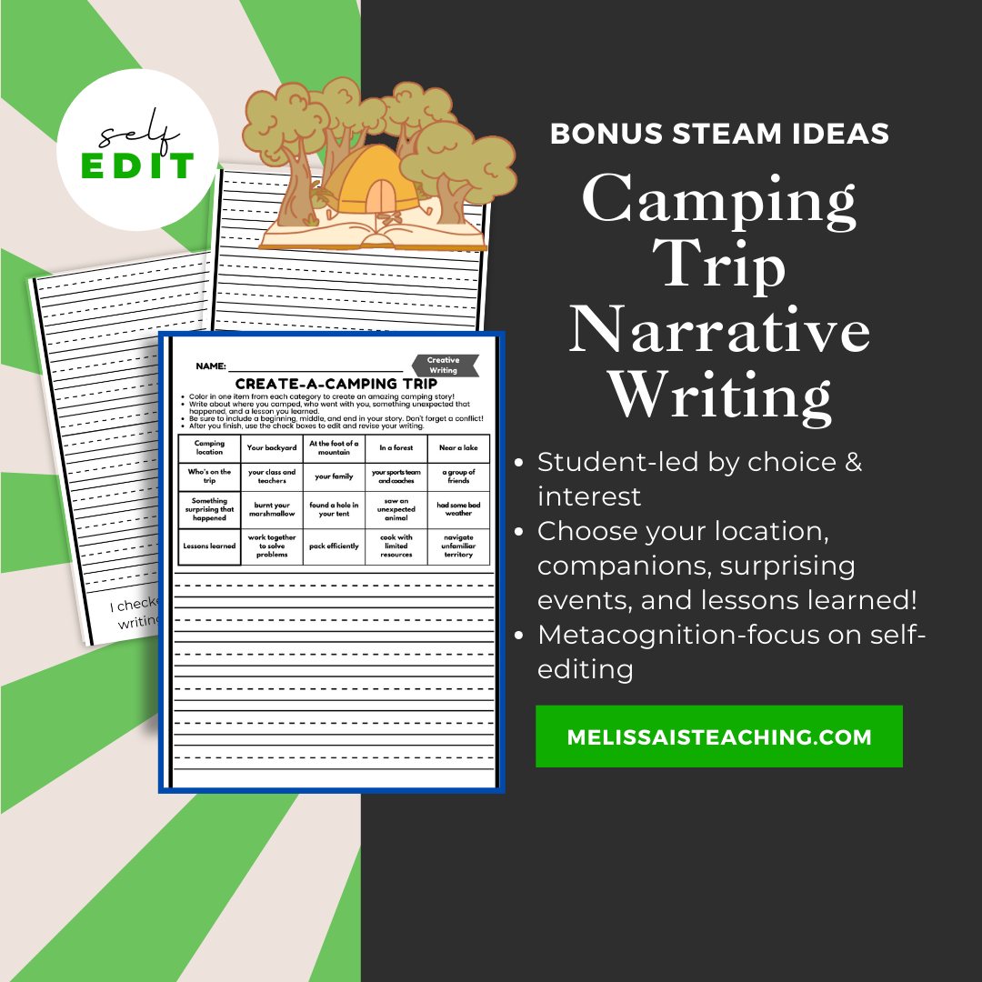 Camping Trip Narrative Writing with Editing Checklist + BONUS STEAM Ideas