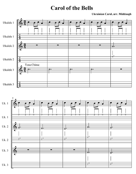 Ukranian Bell Carol 3 part Ukulele Tabs and Chords with optional Tone Chimes