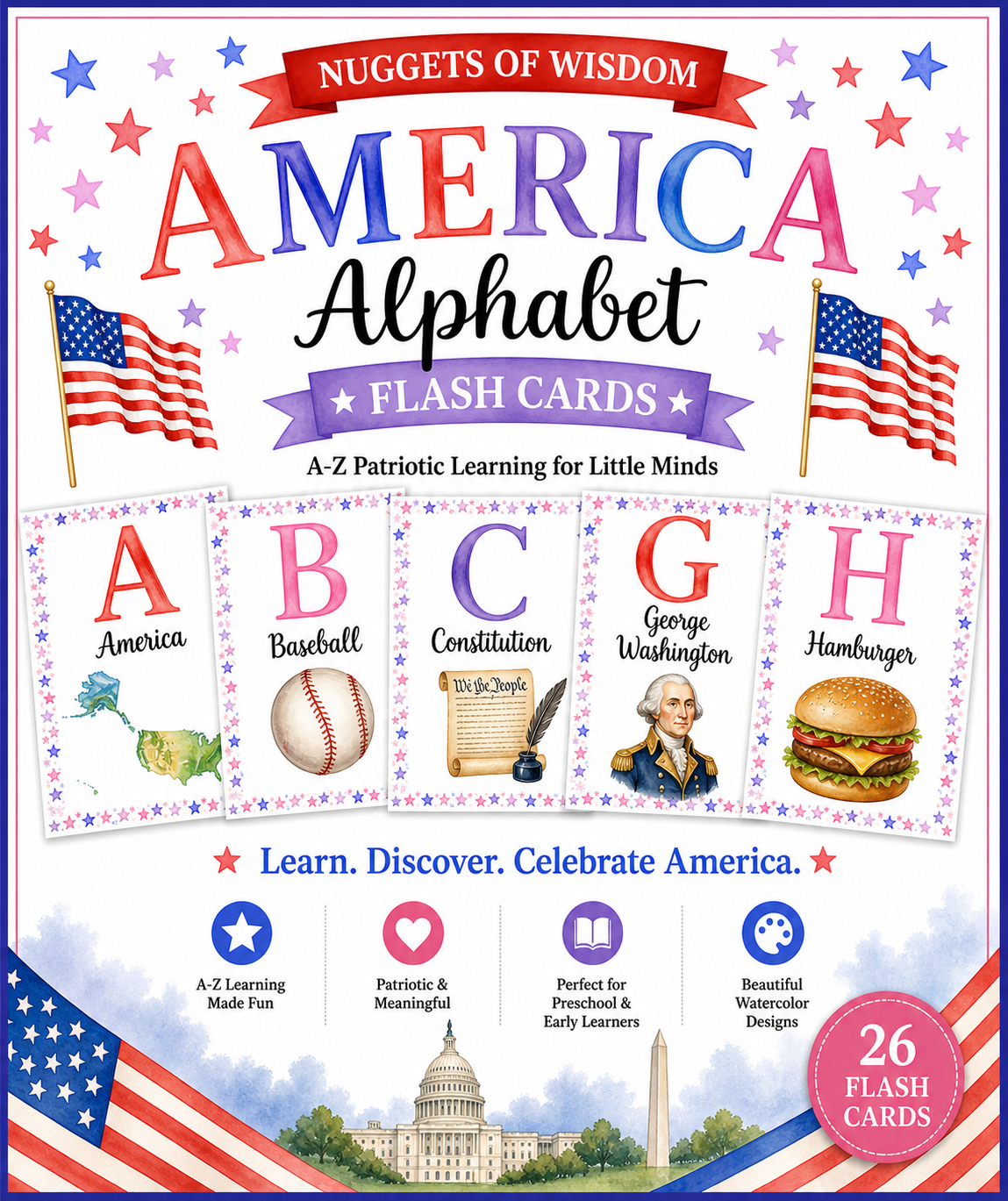 America Alphabet Flash Cards – A to Z Patriotic Learning for Little Minds