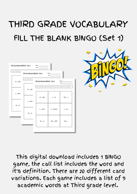 Third Grade 'Fill the blank' BINGO (set 1)