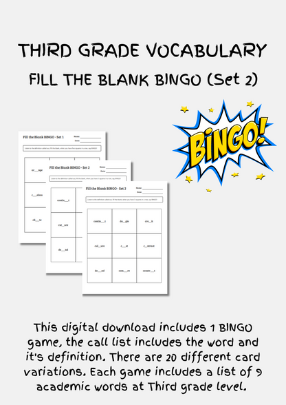 Third Grade 'Fill the blank' BINGO (set 2)