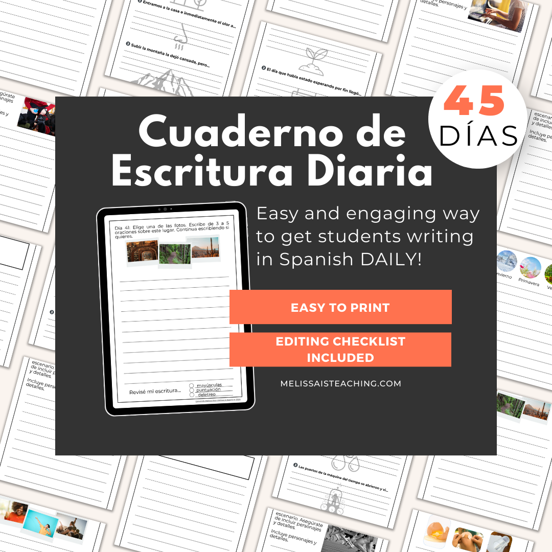 Spanish Writing Warm Up Journal 45-Day Printable, Editing Checklist & Varied Prompt Formats