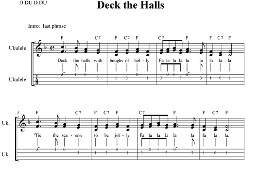 Deck the Halls SA 2 part vocal with lyrics, ukulele tabs and chords