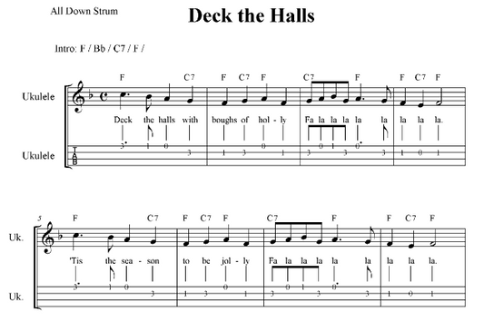 Deck the Halls simple version with melody, lyrics, ukulele tabs and chords