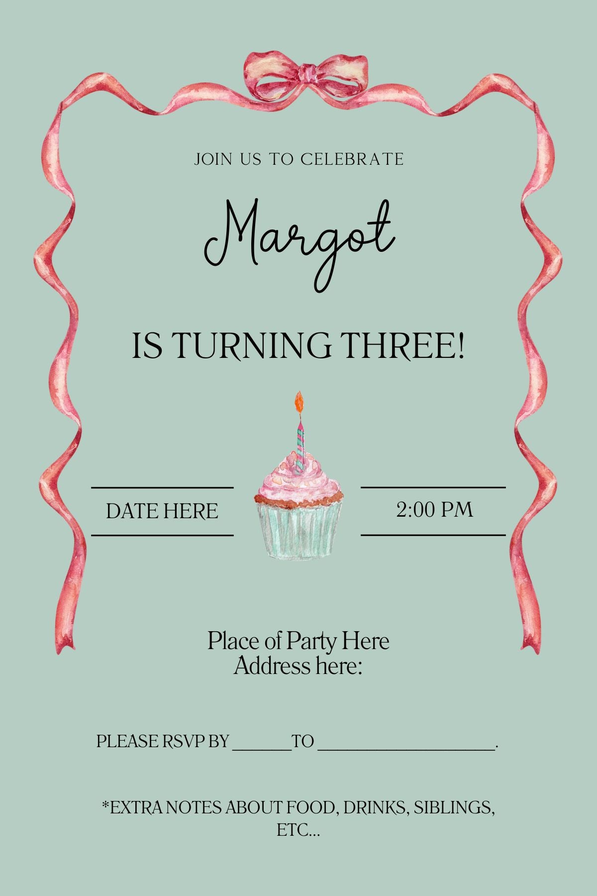 Editable Girl's Birthday Cupcake and Pretty Ribbon Birthday Invitation