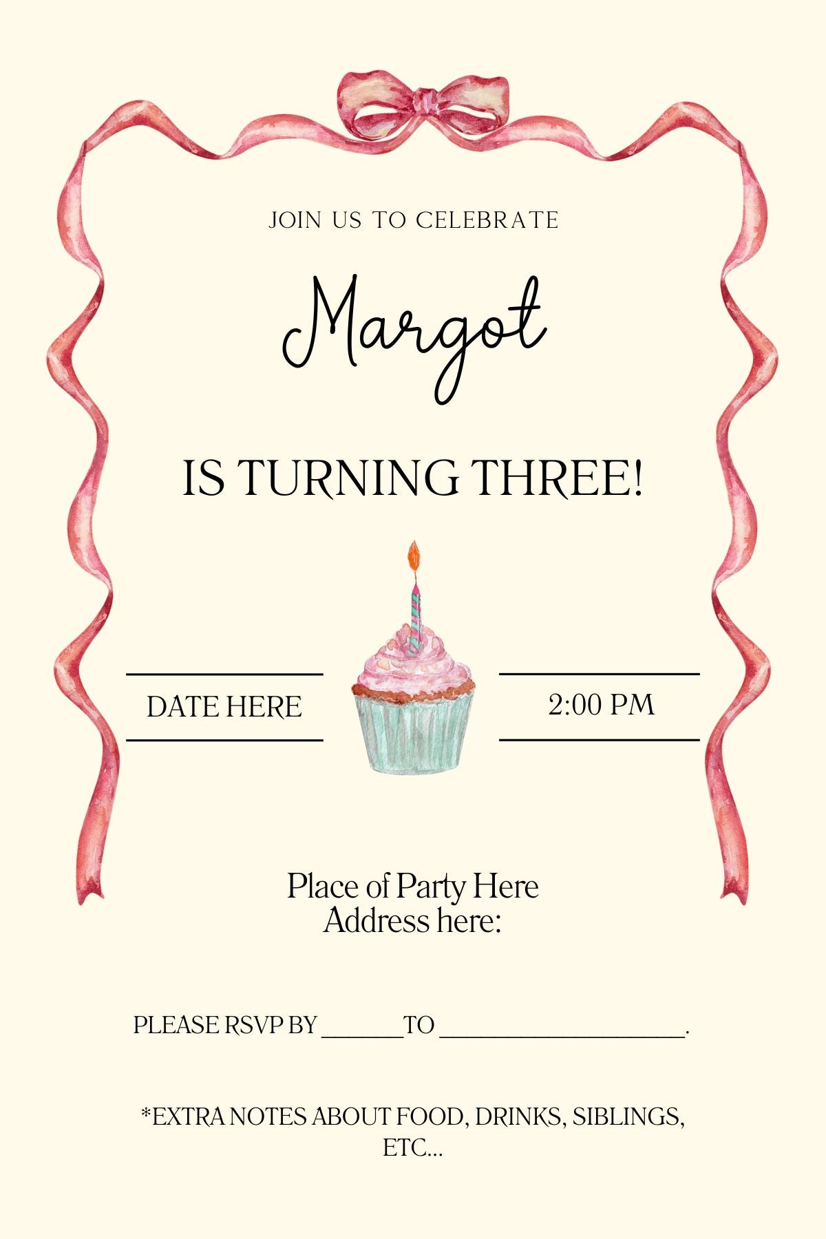 Editable Girl's Birthday Cupcake and Pretty Ribbon Birthday Invitation
