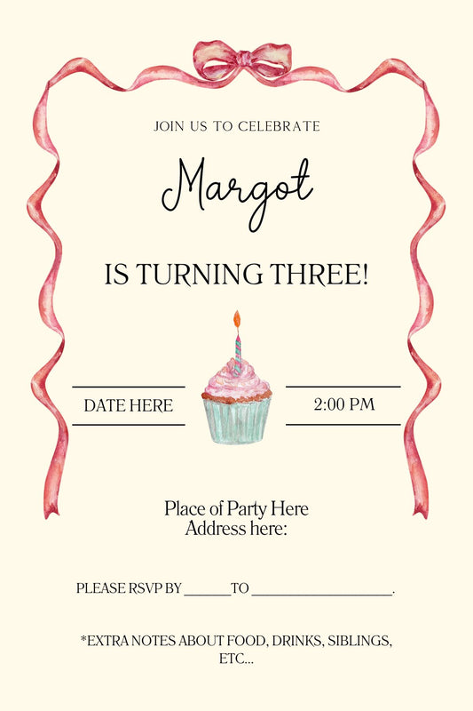 Editable Girl's Birthday Cupcake and Pretty Ribbon Birthday Invitation