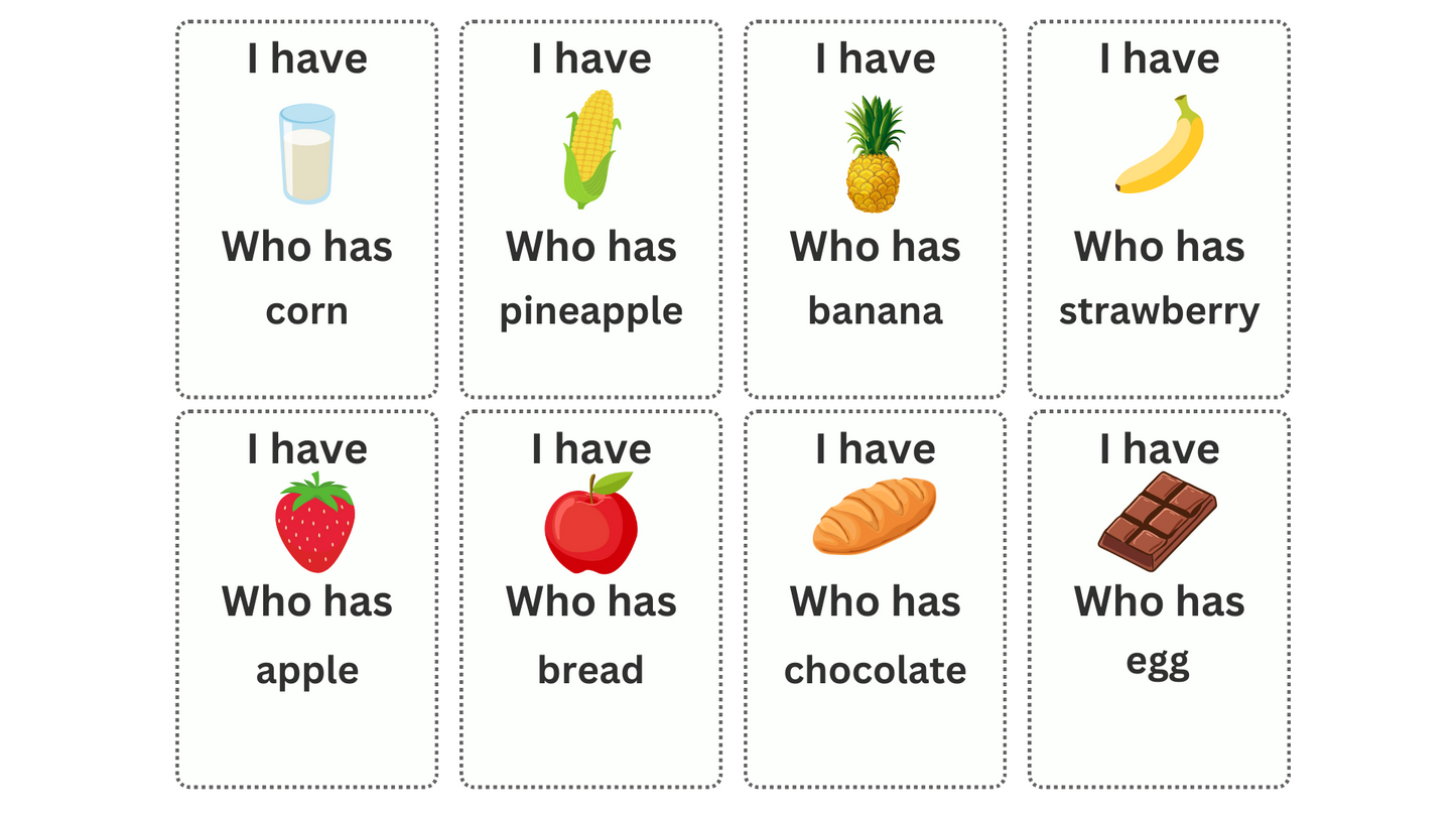 Food & Drink Vocabulary Game "I Have Who Has" for 2+ Players
