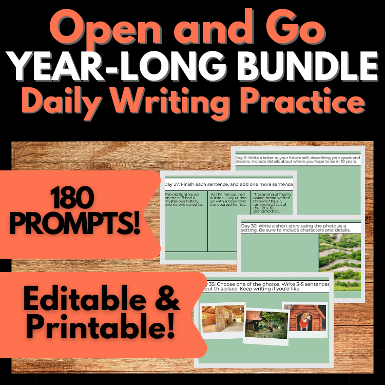 Full Year Daily Writing Practice 180 Prompts, Editable, Digital & Printable
