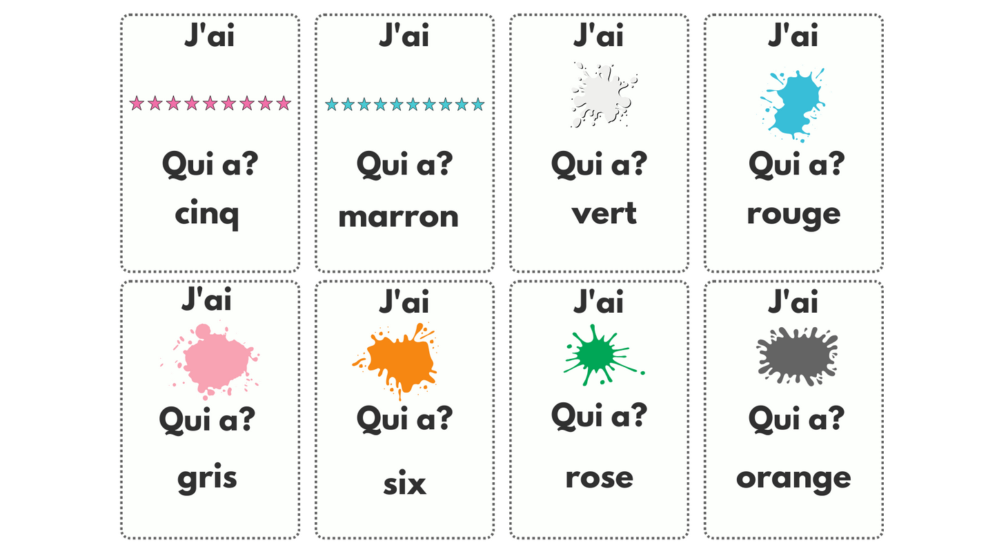 French Numbers 1-10, Colors, and Patterns Vocabulary Game 2+ Players