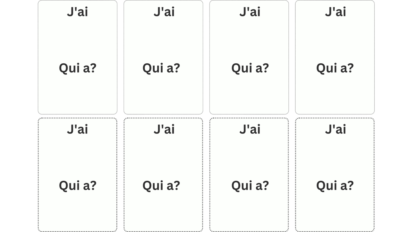French Vocab Review Game Mots de l'école J'ai, Qui a, Editable