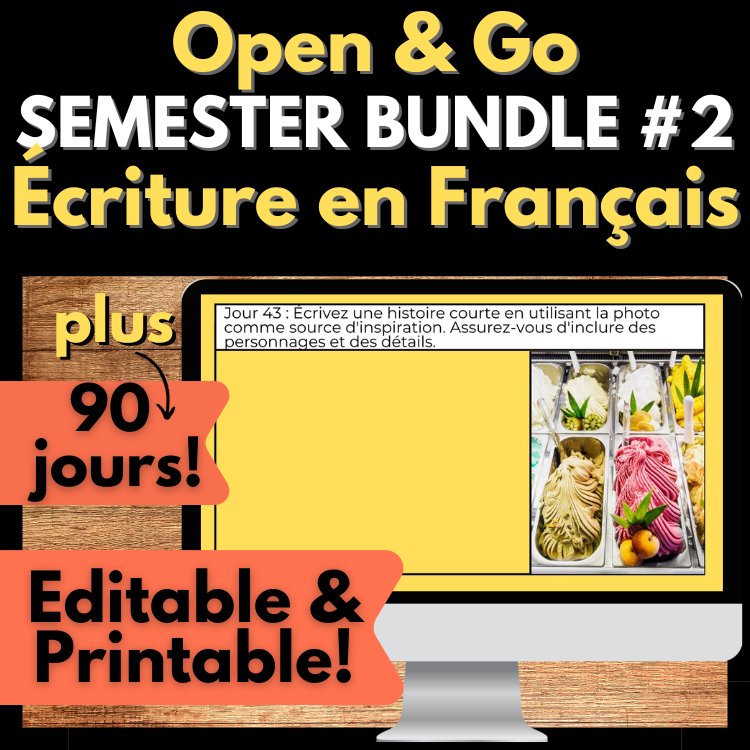 French Writing Prompt Journal #2, Écriture en Français de 90 plus jours Editable
