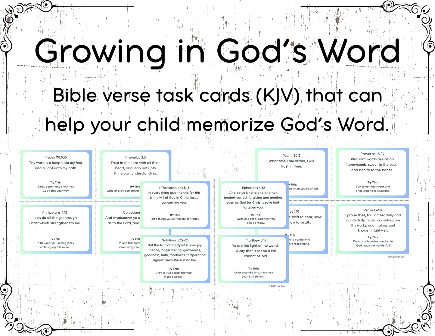 Bible Verse Task Cards for Kids (KJV) – Growing in God’s Word & Walking by Faith | Scripture Memory, Character Building, and Morning Devotions