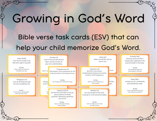 Bible Verse Task Cards for Kids (ESV) – Growing in God’s Word & Walking by Faith | Scripture Memory, Character Building, and Morning Devotions