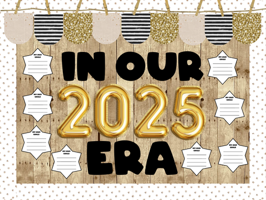 In Our 2025 Era New Years Winter Classroom Bulletin Board Kit and Writing Prompt | Door Decoration | January Bulletin Board | Gold Balloons