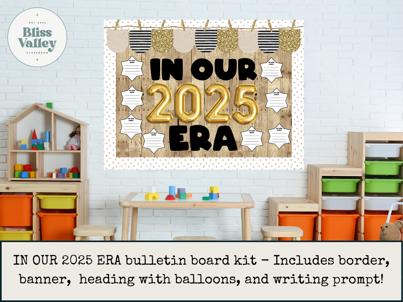 In Our 2025 Era New Years Winter Classroom Bulletin Board Kit and Writing Prompt | Door Decoration | January Bulletin Board | Gold Balloons