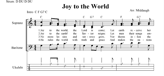 Joy to the World 3 part vocal sheet music with lyrics, ukulele tabs and chords