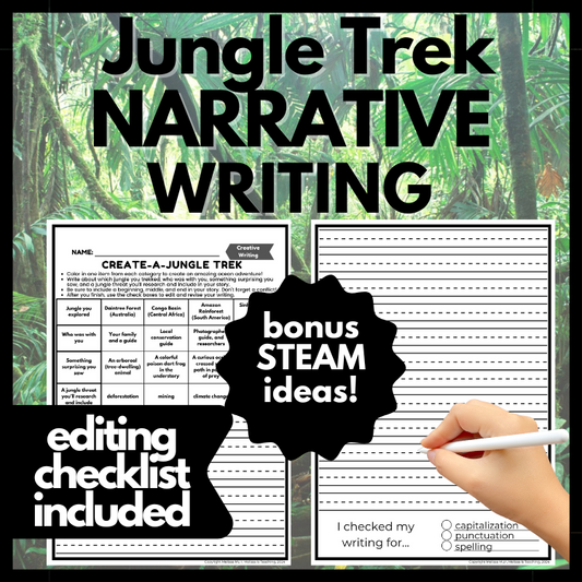 Jungle Trek Narrative Writing with Editing Checklist + BONUS STEAM Ideas