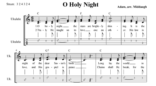 O Holy Night, Intermediate Ukulele Sheet Music with Lyrics, Tabs and Chords