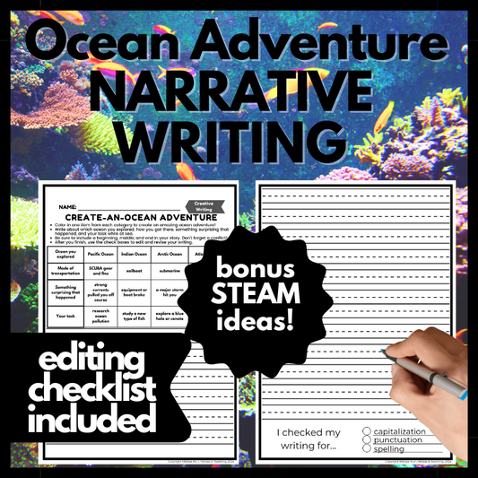 Ocean Adventure Narrative Writing with Editing Checklist + BONUS STEAM Ideas