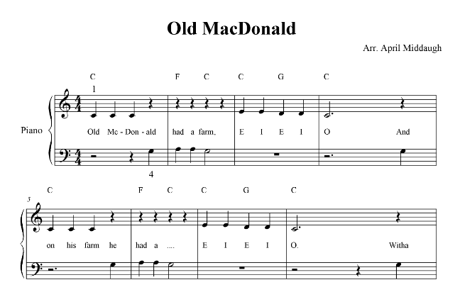 Old MacDonald in the Key of C for beginner piano and optional ukulele ...