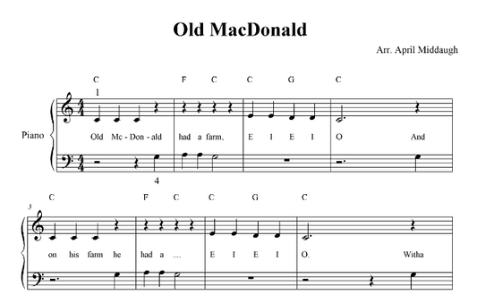 Old MacDonald in the Key of C for beginner piano and optional ukulele or guitar