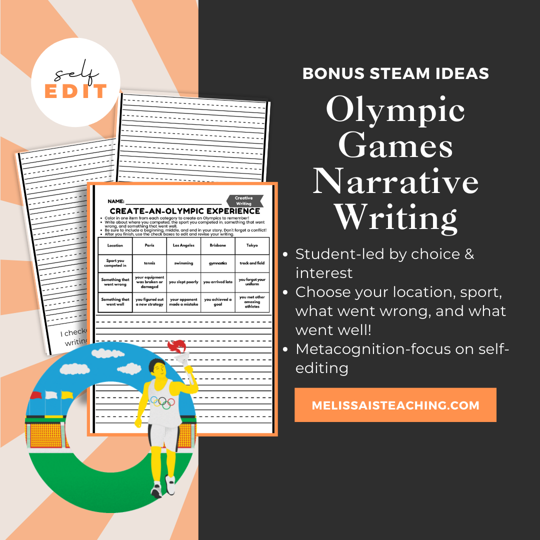 Olympic Games Narrative Writing with Editing Checklist + BONUS STEAM Ideas