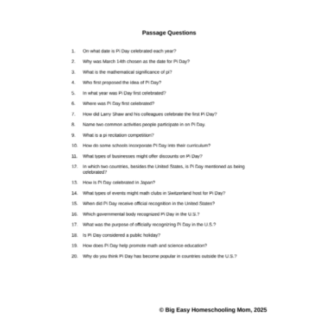 The History of Pi Day Reading Passage, Q & A, and Note-Taking Sheets