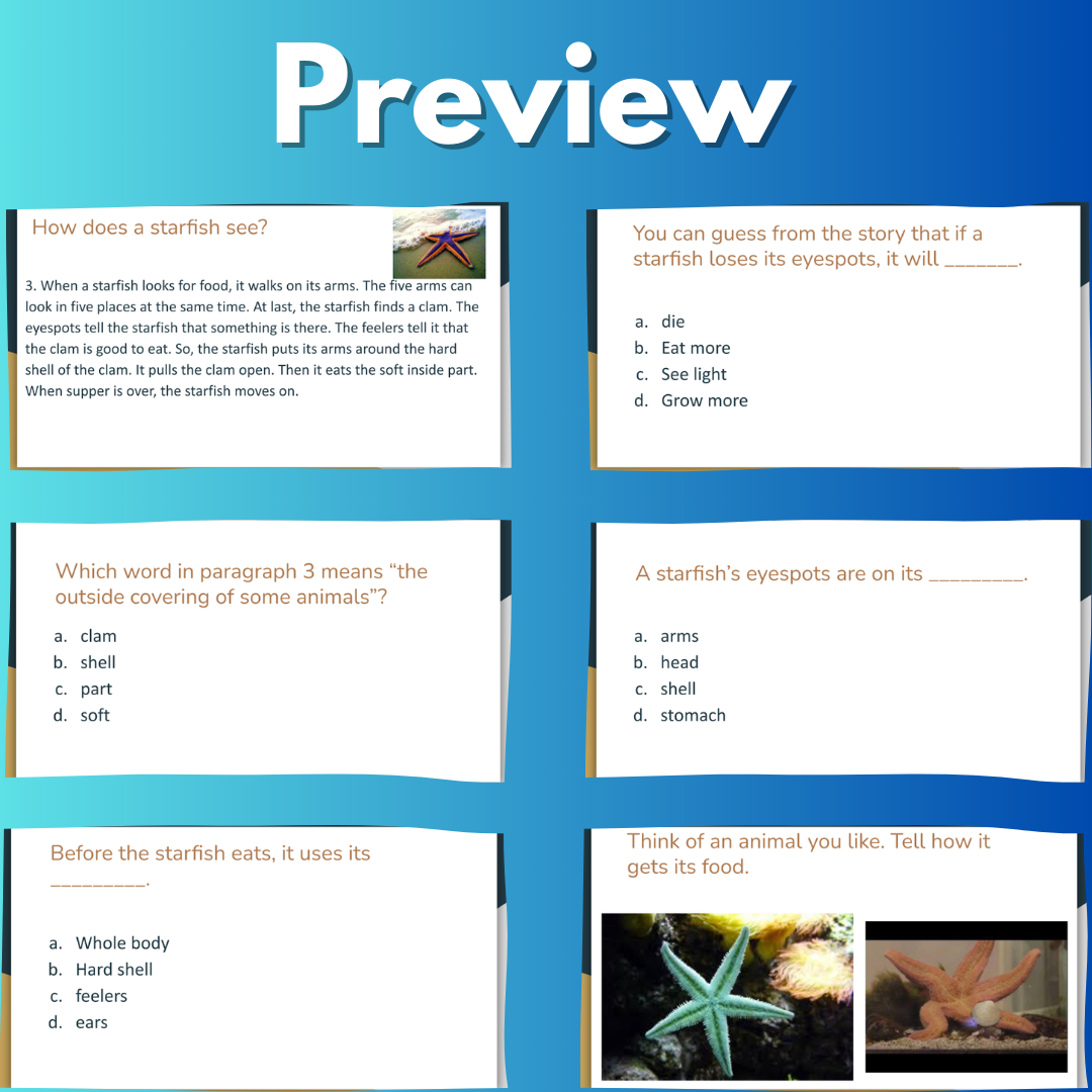Reading Comprehension + Writing Prompt: How does a starfish see? for Grade 2