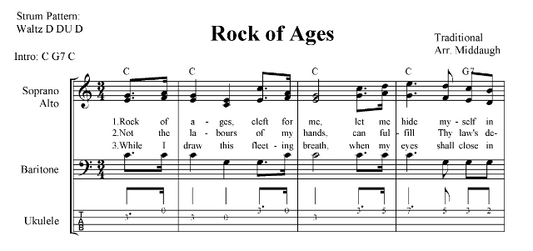 Rock of Ages Traditional Hymn for Ukulele and SAB 3-part Vocals