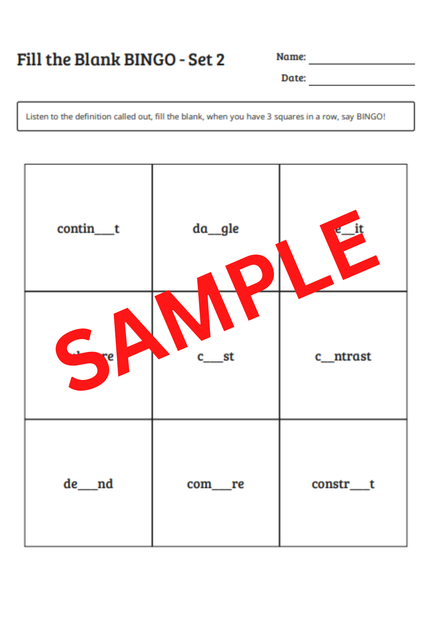 Third Grade 'Fill the blank' BINGO (set 2)