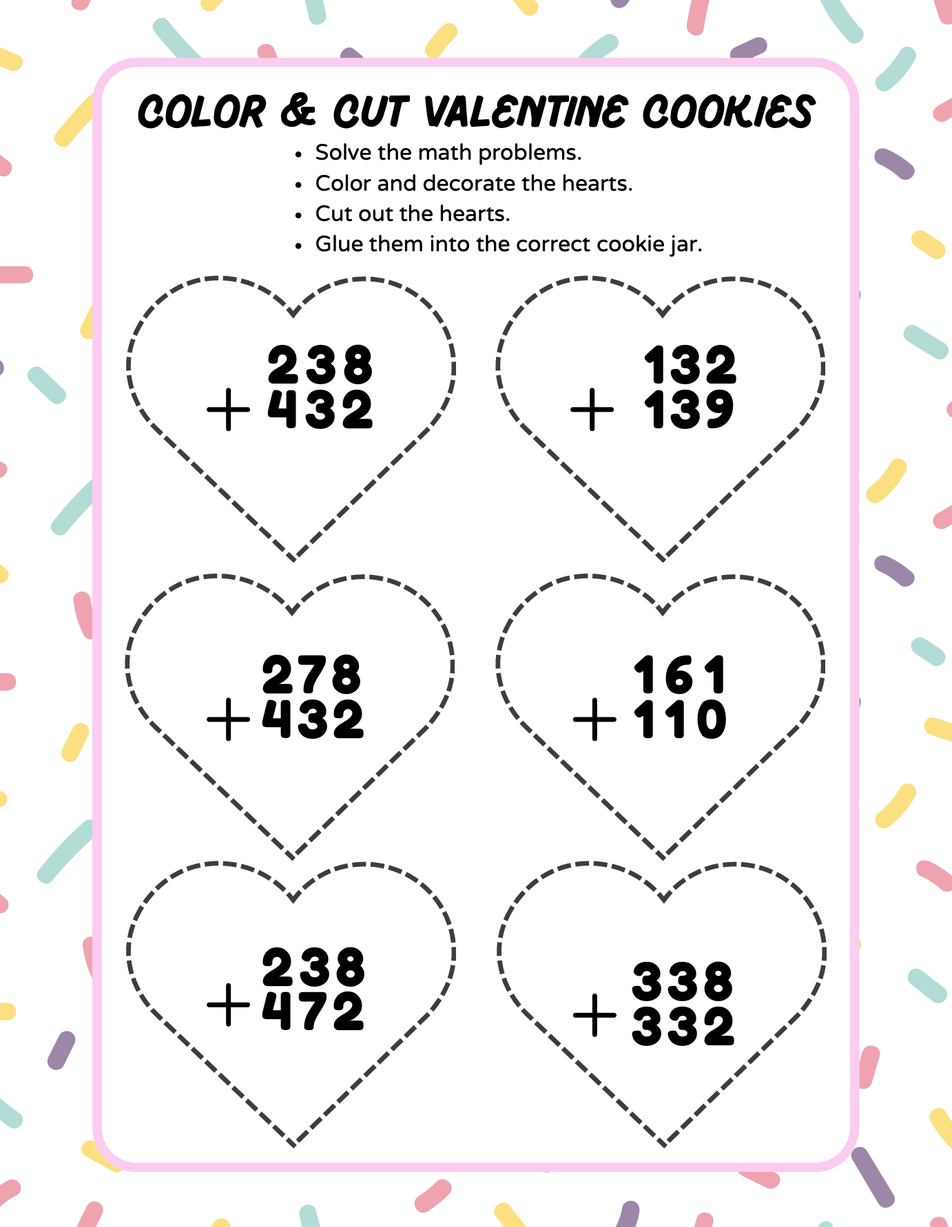 Valentine's Day Color, Cut & Paste Cookie Math! (2nd-3rd Grade)