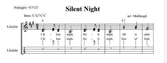 Silent Night Sheet Music with SA 2 part Vocals, Lyrics and Ukulele Tabs and Chords