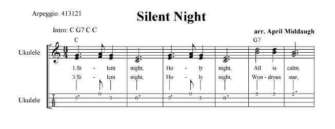 Silent Night Sheet Music with SA 2-part Vocals (Key of C--higher), Lyrics, Ukulele Tabs and Chords