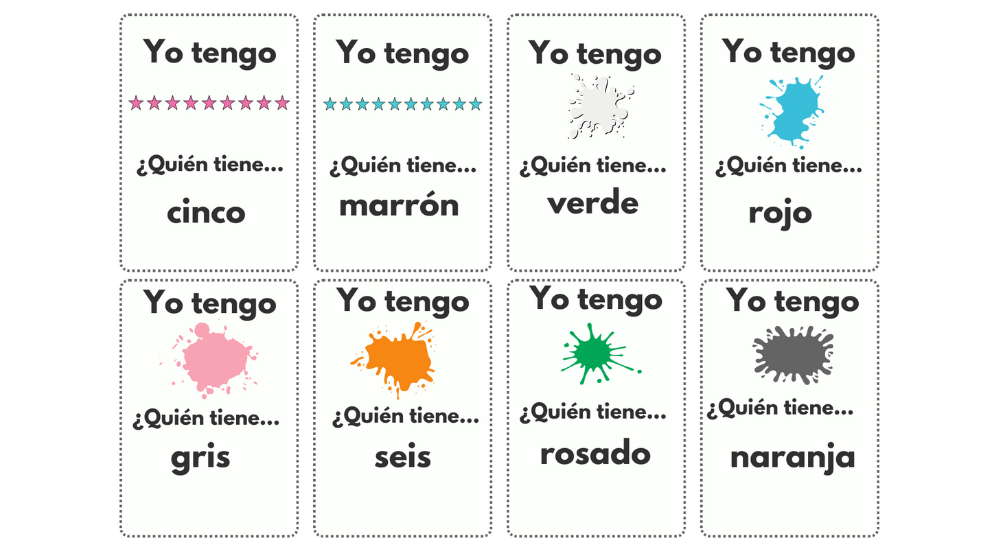 Spanish Vocabulary Game: Numbers 0-10, Colors, and Patterns Vocabulary Game