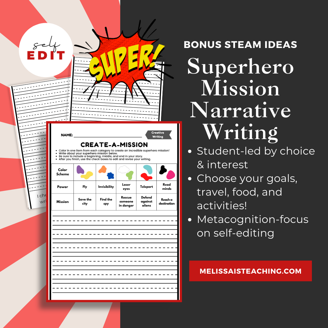 Superhero Narrative Writing with Editing Checklist + BONUS STEAM Activity Ideas