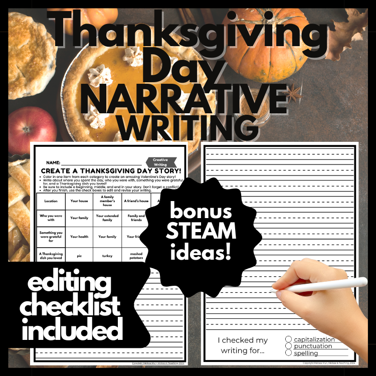 Thanksgiving Day Narrative Writing + Editing, Sub Plan 2nd 3rd 4th 5th Grade