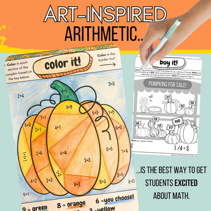 Pumpkin Math Worksheets for Arithmetic - Print and Go Elementary Fall Activities