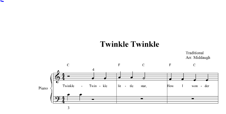 Twinkle Twinkle Little Star in the Key of C for beginner piano and optional ukulele or guitar