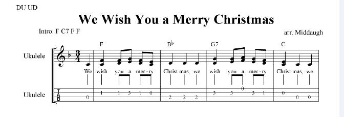 We Wish You a Merry Christmas Sheet Music with Melody, Lyrics, Ukulele Tabs and Chords