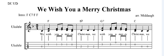 We Wish You a Merry Christmas Sheet Music with Melody, Lyrics, Ukulele Tabs and Chords