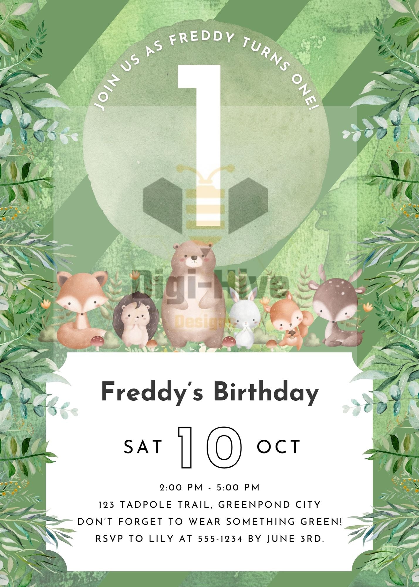 Woodland Animals 1st Birthday Party Invite: Editable Template Link Product