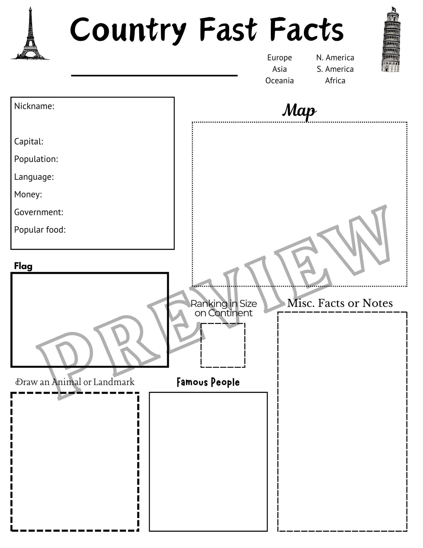 Geography Fact Worksheet | Fill in for any country or state