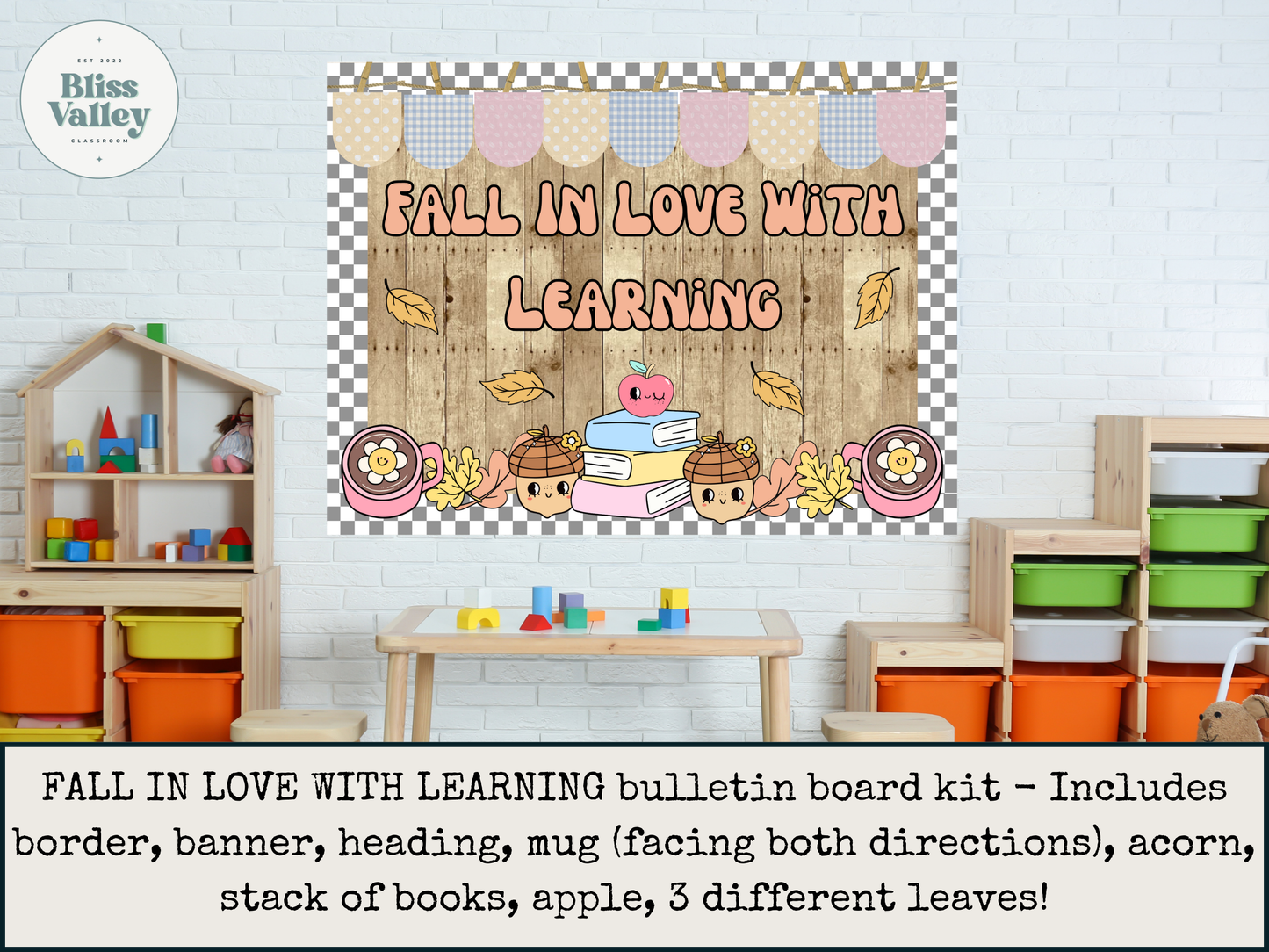 Fall In Love With Learning Classroom Door Decoration Bulletin Board Kit | Bulletin Board Idea | Elementary | PNG for Cricut | Acorn | Leaves